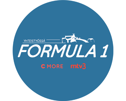 Formula 1 -yhteistyölogo, jossa on piirros formula-autosta sekä teksti yhteistyössä Formula 1 C More MTV3