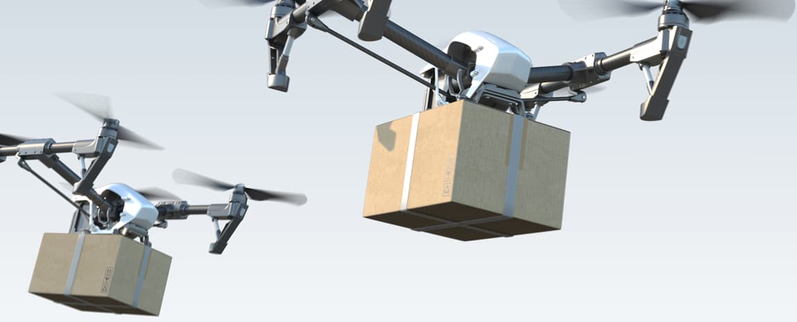 Flygande drönare som levererar paket
