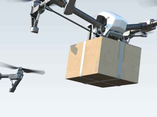 Flygande drönare som levererar paket