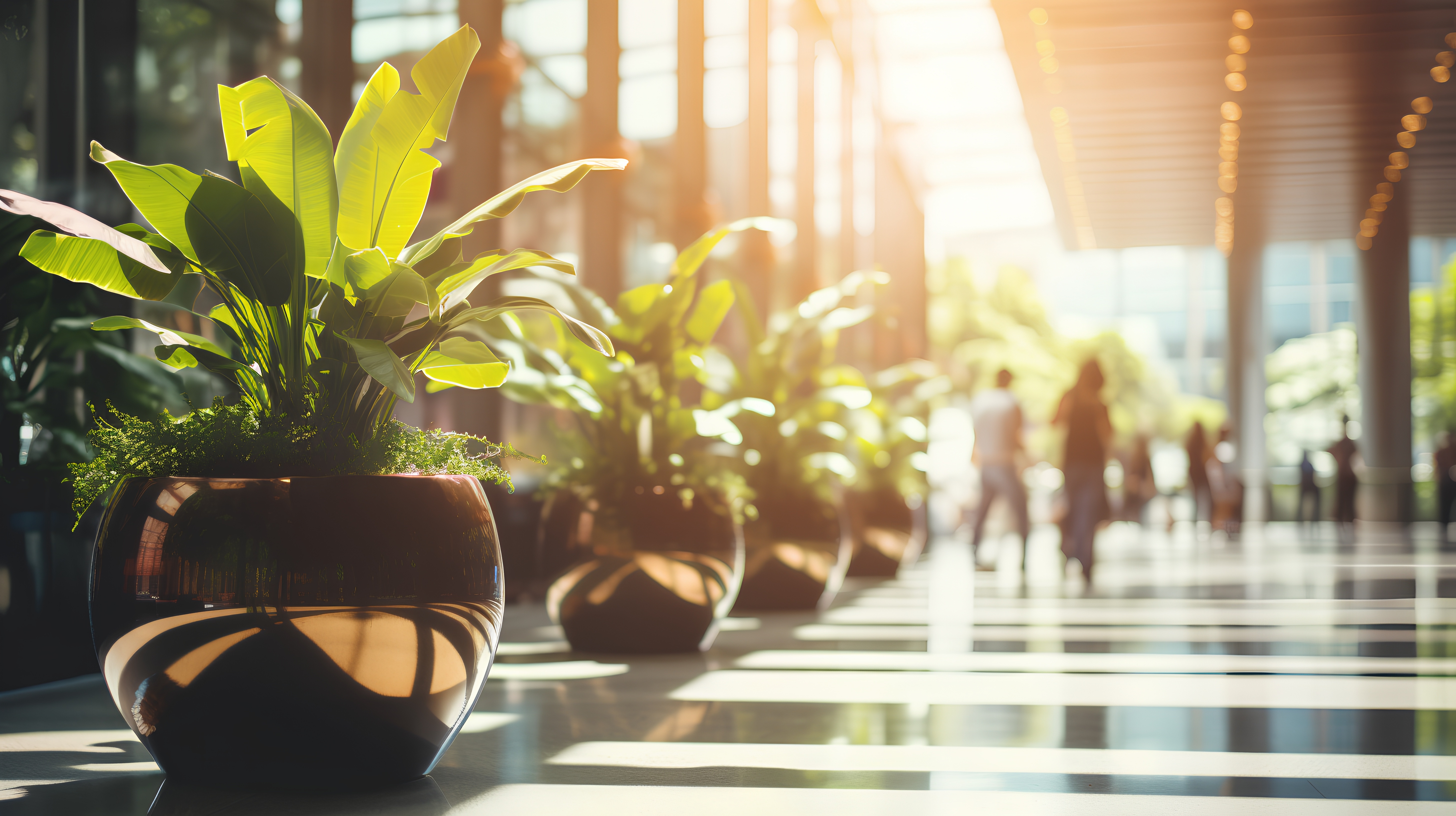 Gröna växter i stora krukor i ett kontorslandskap med många stora fönster