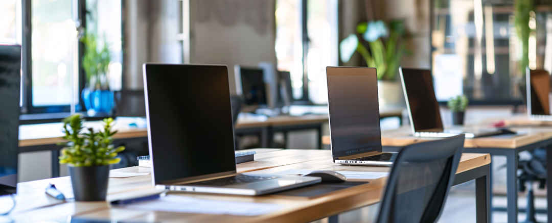 Datorer och skrivbord i ett kontorslandskap