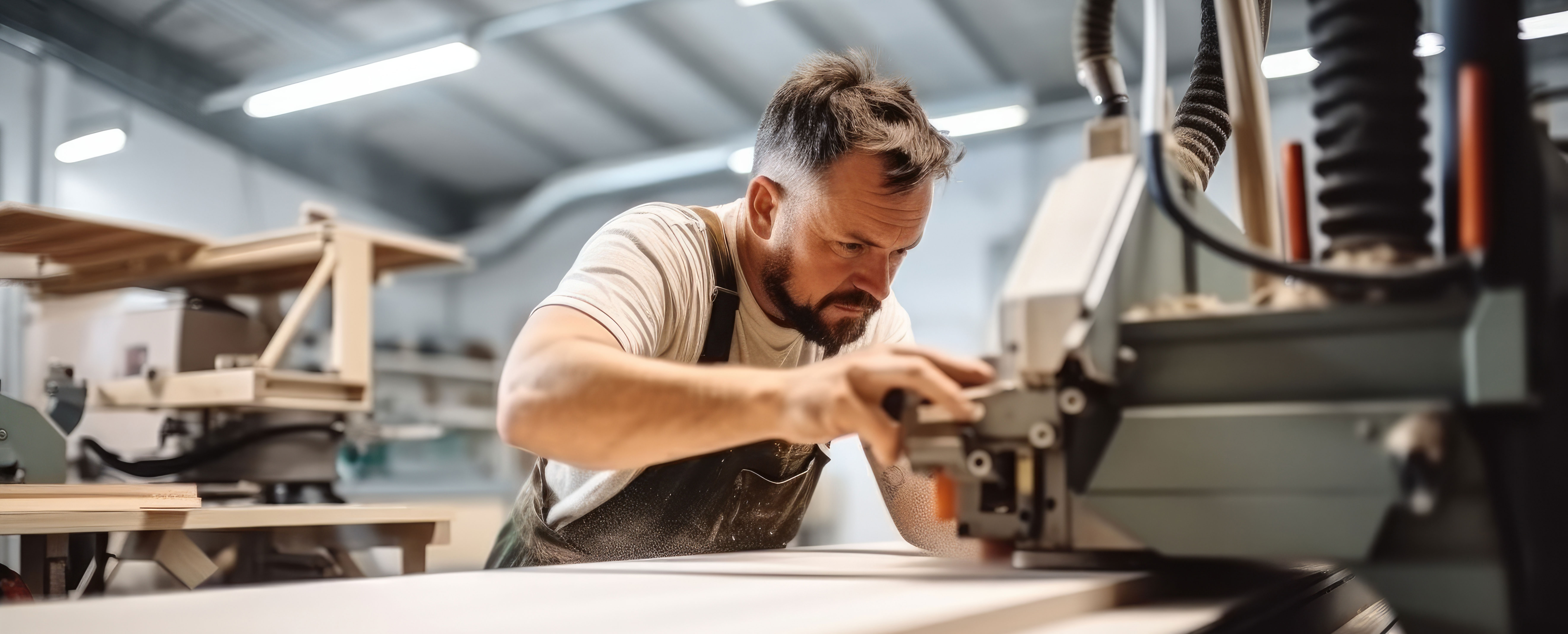 Snickare som kapar en bräda i en verkstad