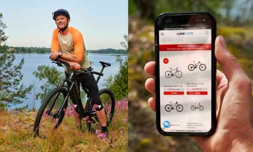 Collage av man med cykel i skogen vid havet och en mobiltelefon