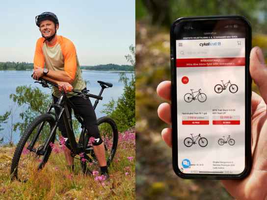 Collage av man med cykel i skogen vid havet och en mobiltelefon