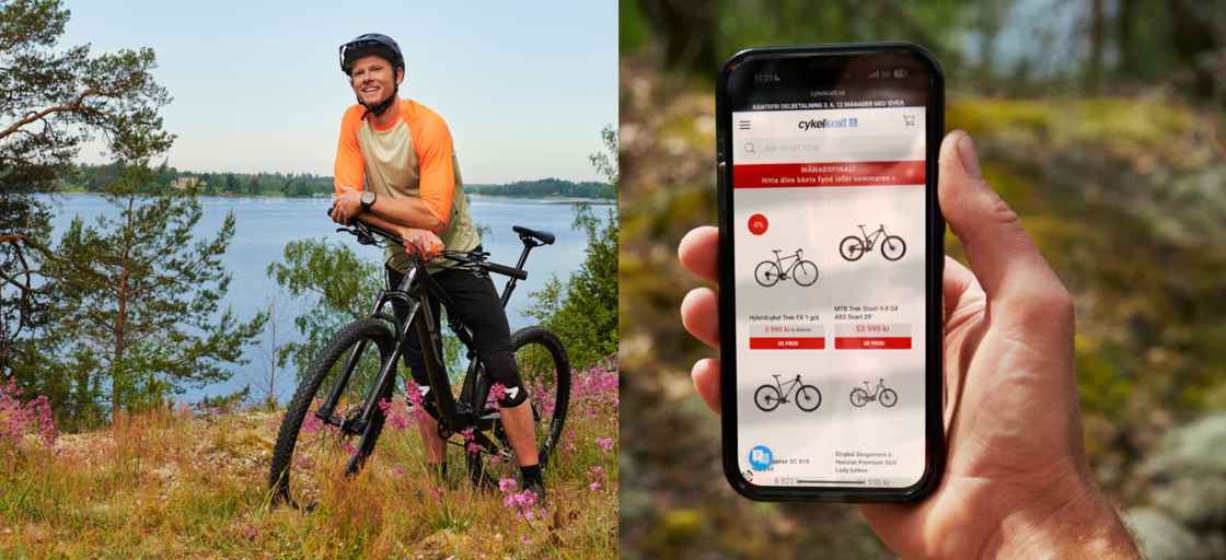 Collage av man med cykel i skogen vid havet och en mobiltelefon