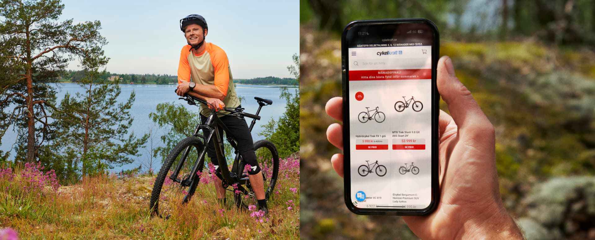 Collage av man med cykel i skogen vid havet och en mobiltelefon