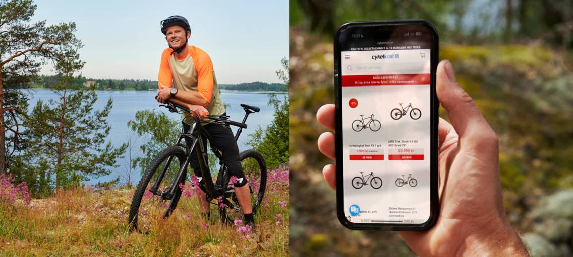 Collage av man med cykel i skogen vid havet och en mobiltelefon