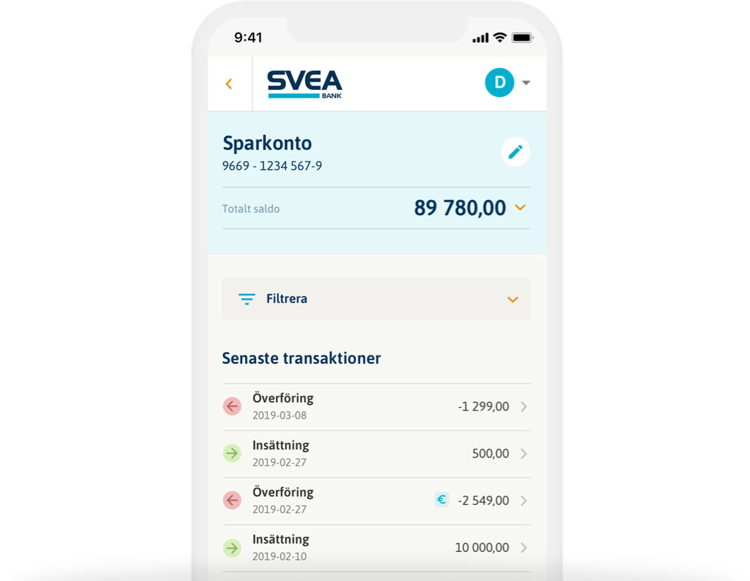 Mobiltelefon som visar ett Sparkonto i inloggat läge